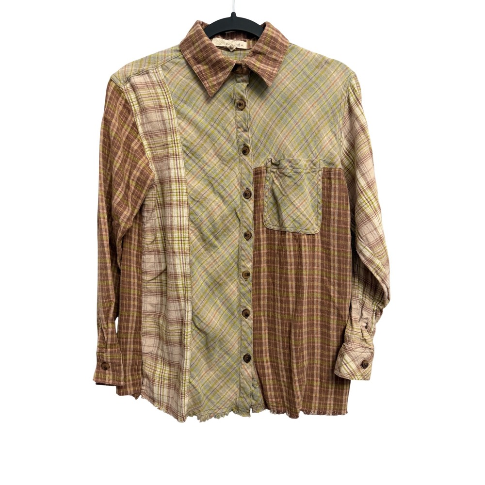 Rewind Mixed Plaid Patchwork Button Down Shirt Brown Green XS Y2K Colorblock